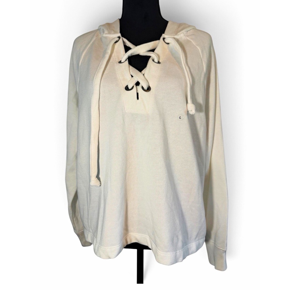 Aerie Lace Up Hoodie Sweatshirt Womens L Cream Ivory NWT Pullover Oversized